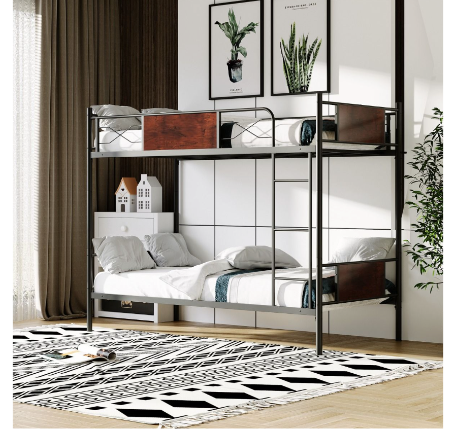 Coast Metall-Etagenbettrahmen - 2-in-1, Holzoptik & 30 cm Sicherheitsleiste - L 198 x B 95 x H 156 cm - Metall/MDF - Schwarz/Braun