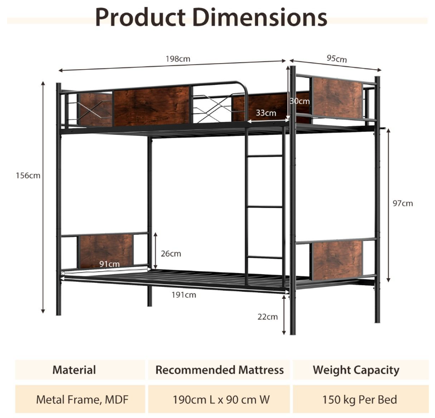 Coast Metall-Etagenbettrahmen - 2-in-1, Holzoptik & 30 cm Sicherheitsleiste - L 198 x B 95 x H 156 cm - Metall/MDF - Schwarz/Braun