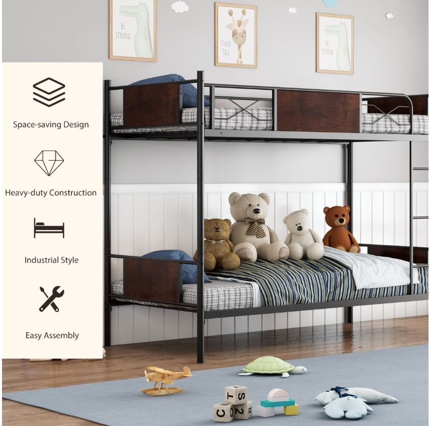 Coast Metall-Etagenbettrahmen - 2-in-1, Holzoptik & 30 cm Sicherheitsleiste - L 198 x B 95 x H 156 cm - Metall/MDF - Schwarz/Braun