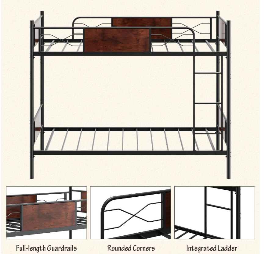 Coast Metall-Etagenbettrahmen - 2-in-1, Holzoptik & 30 cm Sicherheitsleiste - L 198 x B 95 x H 156 cm - Metall/MDF - Schwarz/Braun