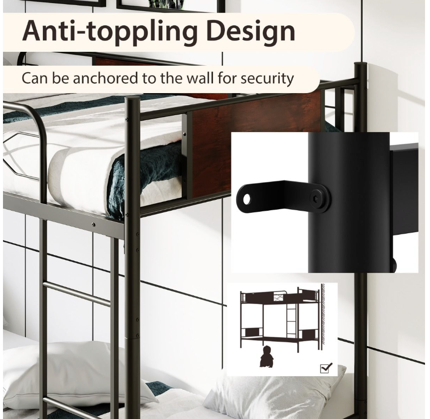 Coast Metall-Etagenbettrahmen - 2-in-1, Holzoptik & 30 cm Sicherheitsleiste - L 198 x B 95 x H 156 cm - Metall/MDF - Schwarz/Braun