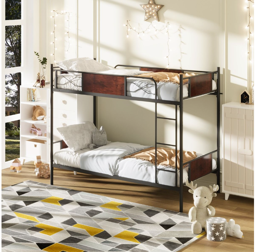 Coast Metall-Etagenbettrahmen - 2-in-1, Holzoptik & 30 cm Sicherheitsleiste - L 198 x B 95 x H 156 cm - Metall/MDF - Schwarz/Braun