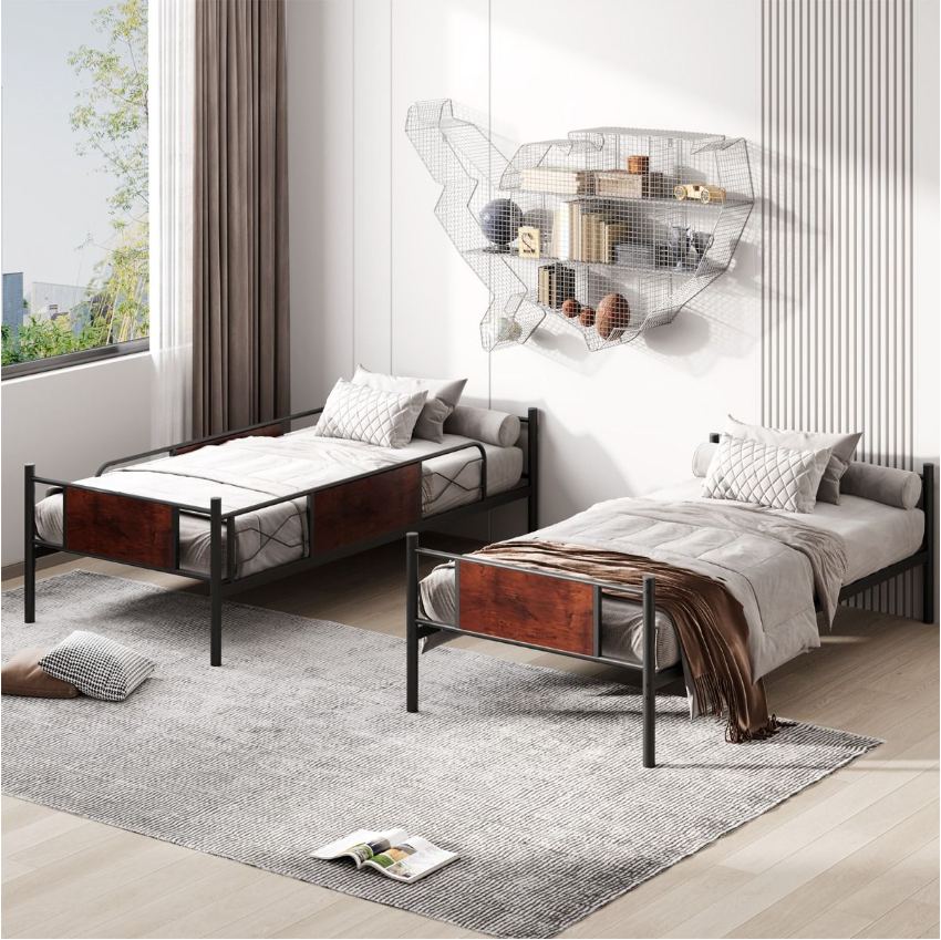 Coast Metall-Etagenbettrahmen - 2-in-1, Holzoptik & 30 cm Sicherheitsleiste - L 198 x B 95 x H 156 cm - Metall/MDF - Schwarz/Braun