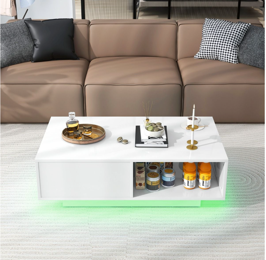 Coast LED-Couchtisch Hochglanz - Mit Fernbedienung, Schublade & offenem Fach - 95 x 55 x 31 cm - MDF/Holzwerkstoff - Weiß