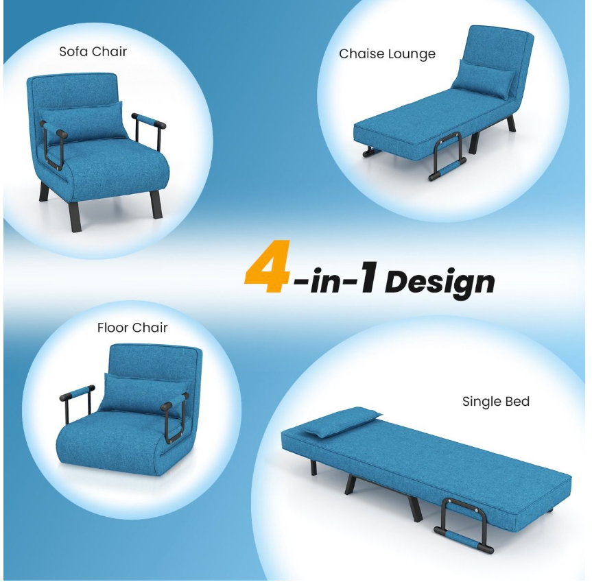 Coast Schlafsessel Sofa - 4-in-1, 5-Positionen verstellbar, Max. 150 kg - L 184 cm - Leinen/Metall - Blau