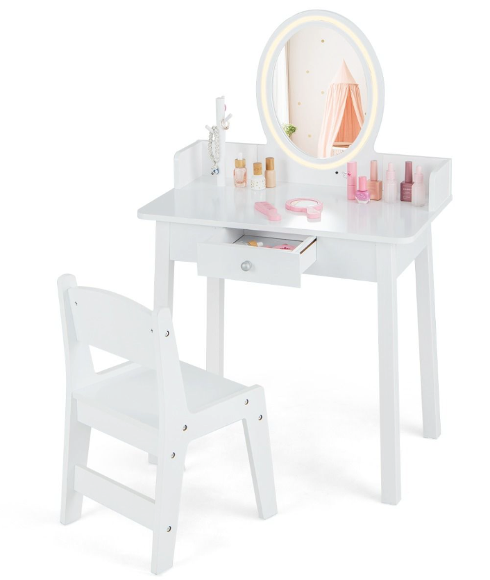 Coast Kinderschminktisch und -stuhl - 2-in-1-Schreibtisch, zweifarbiger LED-Spiegel, kippsicher - 60 x 35 x 96 cm - MDF/Grünholz - Weiß