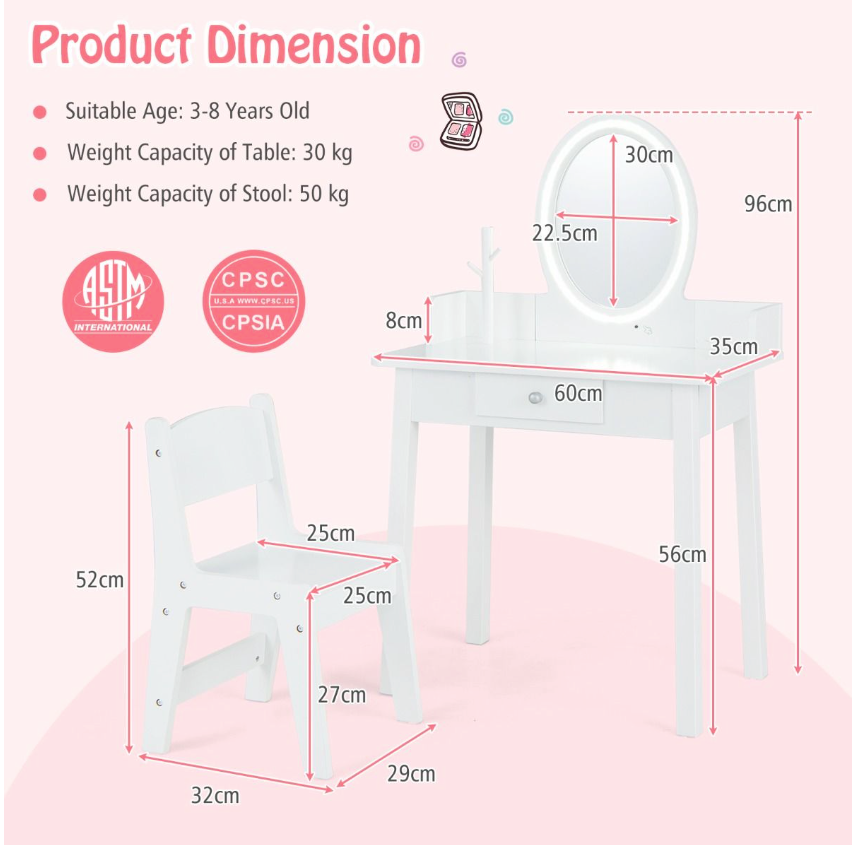 Coast Kinderschminktisch und -stuhl - 2-in-1-Schreibtisch, zweifarbiger LED-Spiegel, kippsicher - 60 x 35 x 96 cm - MDF/Grünholz - Weiß