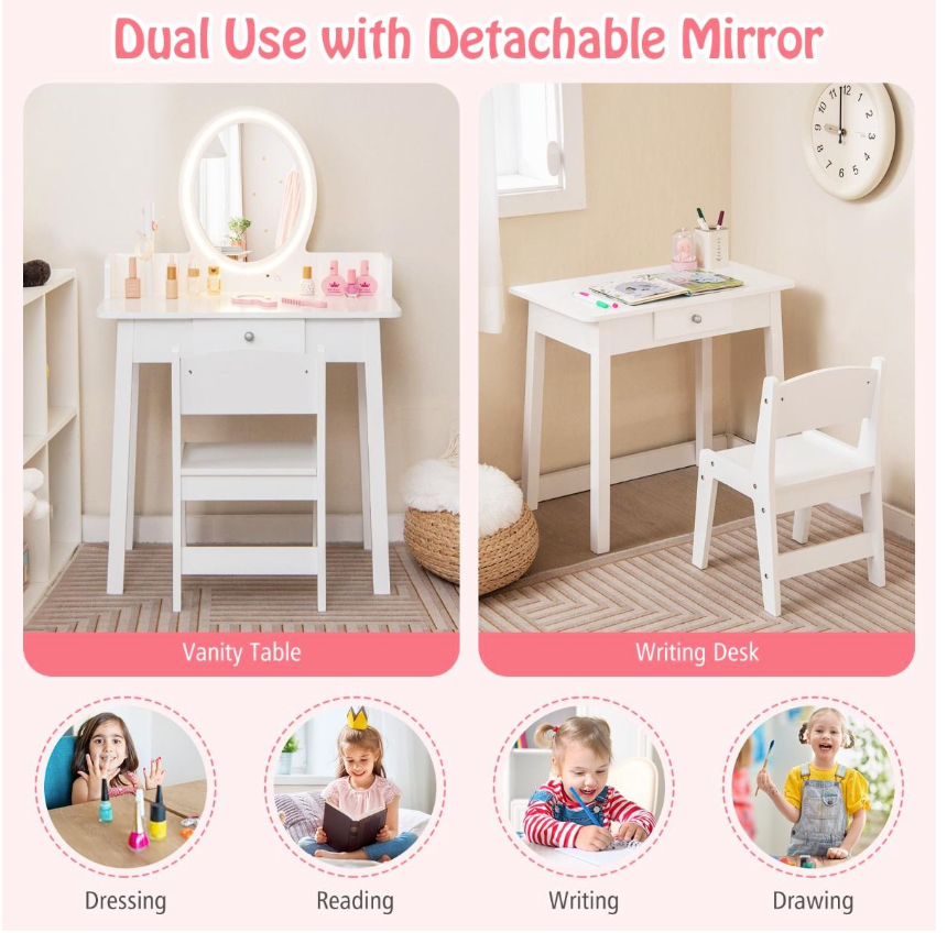 Coast Kinderschminktisch und -stuhl - 2-in-1-Schreibtisch, zweifarbiger LED-Spiegel, kippsicher - 60 x 35 x 96 cm - MDF/Grünholz - Weiß