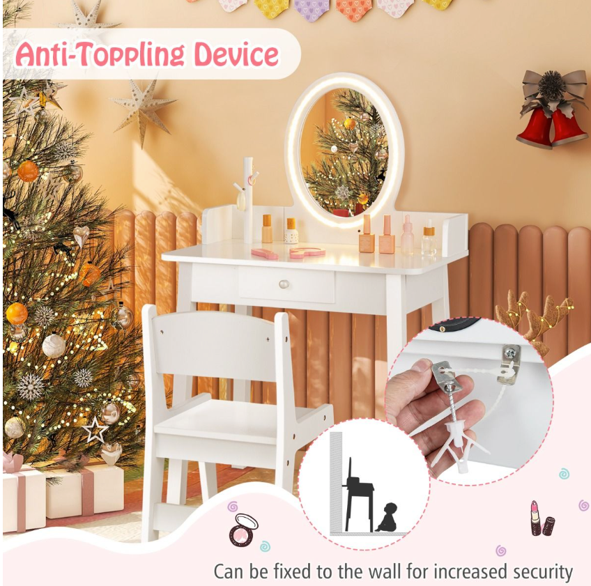 Coast Kinderschminktisch und -stuhl - 2-in-1-Schreibtisch, zweifarbiger LED-Spiegel, kippsicher - 60 x 35 x 96 cm - MDF/Grünholz - Weiß