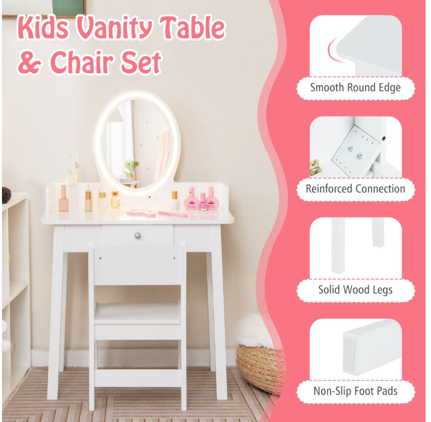 Coast Kinderschminktisch und -stuhl - 2-in-1-Schreibtisch, zweifarbiger LED-Spiegel, kippsicher - 60 x 35 x 96 cm - MDF/Grünholz - Weiß