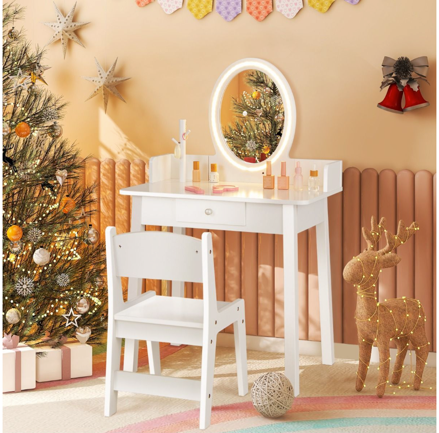 Coast Kinderschminktisch und -stuhl - 2-in-1-Schreibtisch, zweifarbiger LED-Spiegel, kippsicher - 60 x 35 x 96 cm - MDF/Grünholz - Weiß