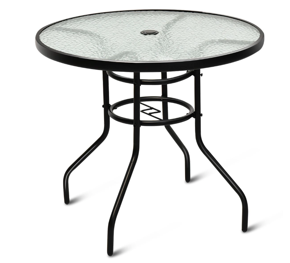Coast Bistrotisch / Terrassentisch - Ø 81 cm, Mit Paraplugat, Wetterfest, 80 kg Belastbarkeit - Gehärtetes Glas/Eisen - Schwarz