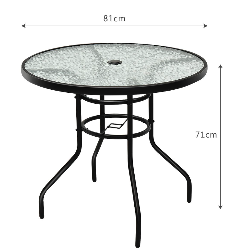 Coast Bistrotisch / Terrassentisch - Ø 81 cm, Mit Paraplugat, Wetterfest, 80 kg Belastbarkeit - Gehärtetes Glas/Eisen - Schwarz