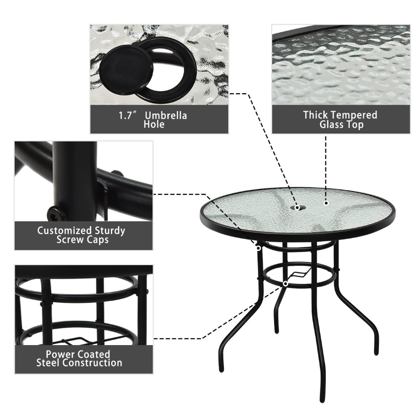 Coast Bistrotisch / Terrassentisch - Ø 81 cm, Mit Paraplugat, Wetterfest, 80 kg Belastbarkeit - Gehärtetes Glas/Eisen - Schwarz