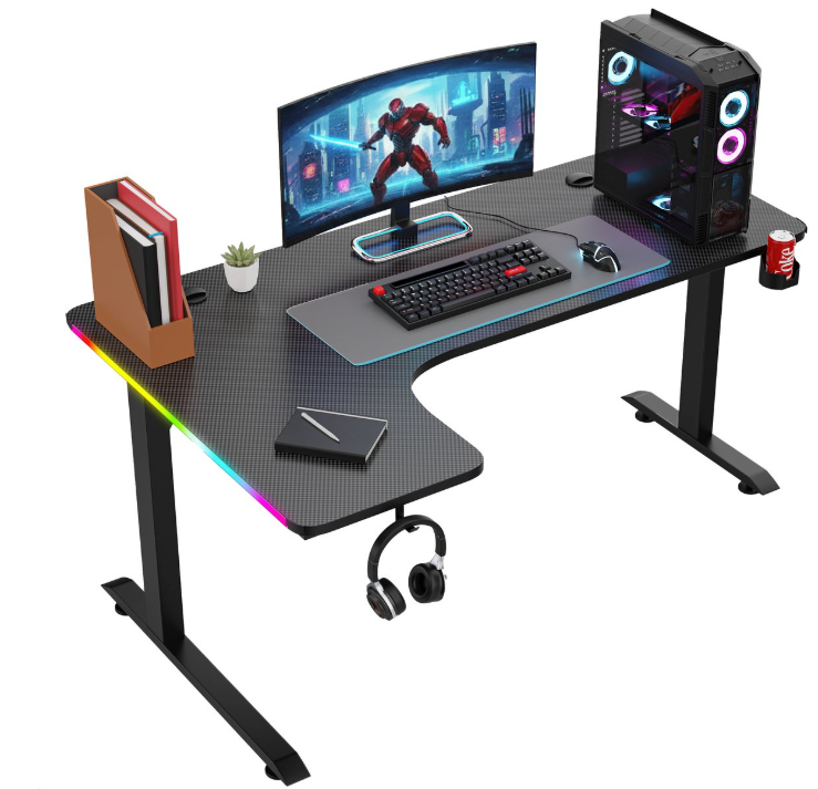 Avalo - Gaming Desk & L-Shaped Corner Desk - 160x100x75 cm - Mit RGB-LED-Beleuchtung - Becherhalter & Headset-Haken - Edelstahl & ABS - Schwarz