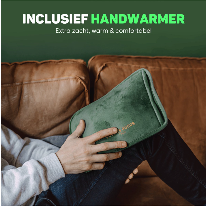 Vulpes Goods® - Elektrische Kanne - Weicher grüner Flanell - Digitale Anzeige - Inkl. Handwärmer, Fußwärmer & Wärmeband - Wiederaufladbar & Kabellos - Gegen Menstruationsschmerzen