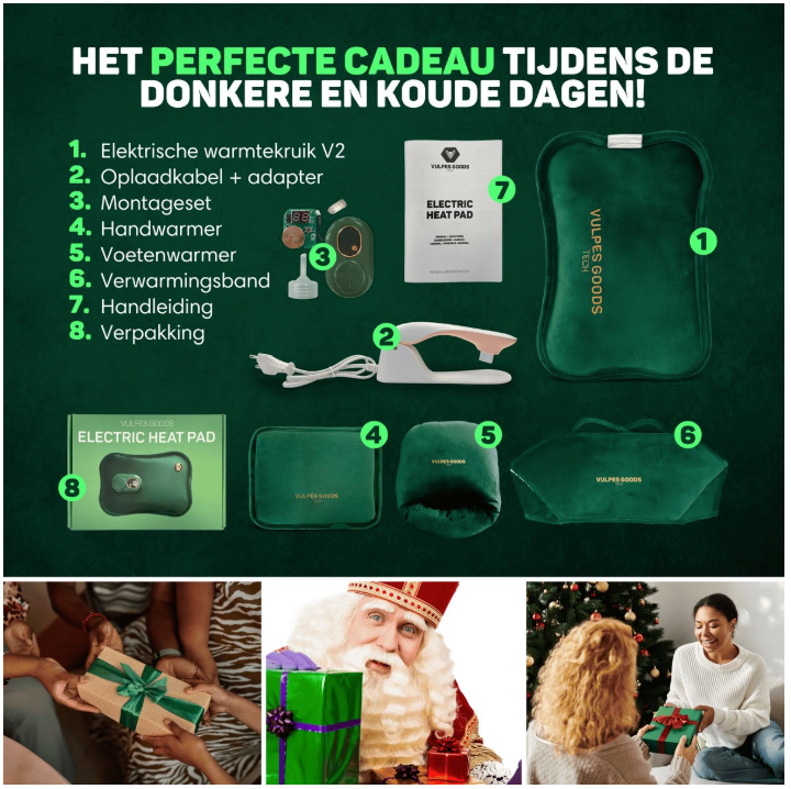 Vulpes Goods® - Elektrische Kanne - Weicher grüner Flanell - Digitale Anzeige - Inkl. Handwärmer, Fußwärmer & Wärmeband - Wiederaufladbar & Kabellos - Gegen Menstruationsschmerzen