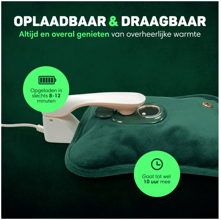 Vulpes Goods® - Elektrische Kanne - Weicher grüner Flanell - Digitale Anzeige - Inkl. Handwärmer, Fußwärmer & Wärmeband - Wiederaufladbar & Kabellos - Gegen Menstruationsschmerzen