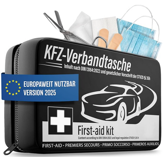 HELDENWERK - Auto-Verbandstasche & Verbandskasten - DIN 13164:2022 Standard - Kompakt - Schwarzes wasserabweisendes Nylon - Inklusive Masken & Rettungsdecke - Für Auto, Motorrad & LKW - Vorgeschrieben in Europa