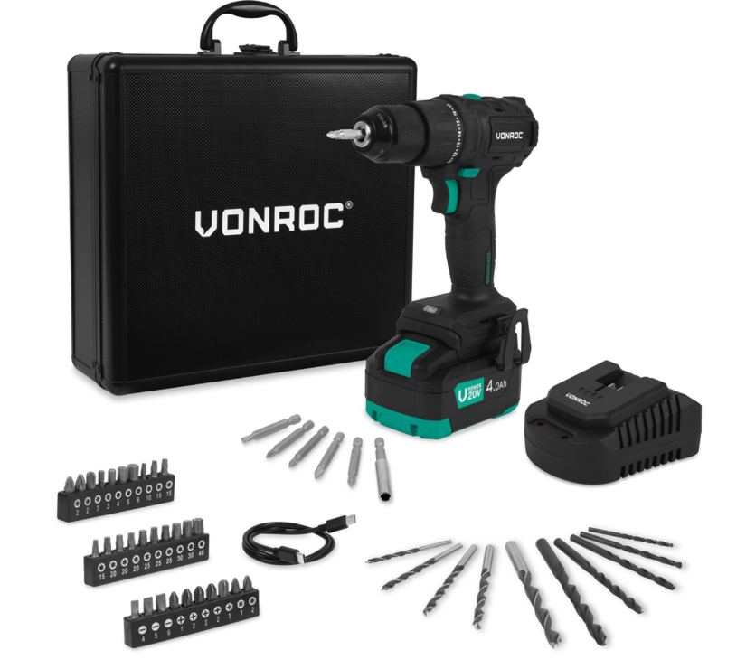 Vonroc Pro Cordless Drill 20v - 40nm - Inkl. 4.0ah Akku, Schnellladegerät und 46 Zubehörteile im Luxuskoffer