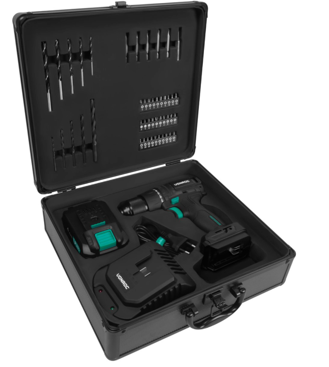 Vonroc Pro Cordless Drill 20v - 40nm - Inkl. 4.0ah Akku, Schnellladegerät und 46 Zubehörteile im Luxuskoffer
