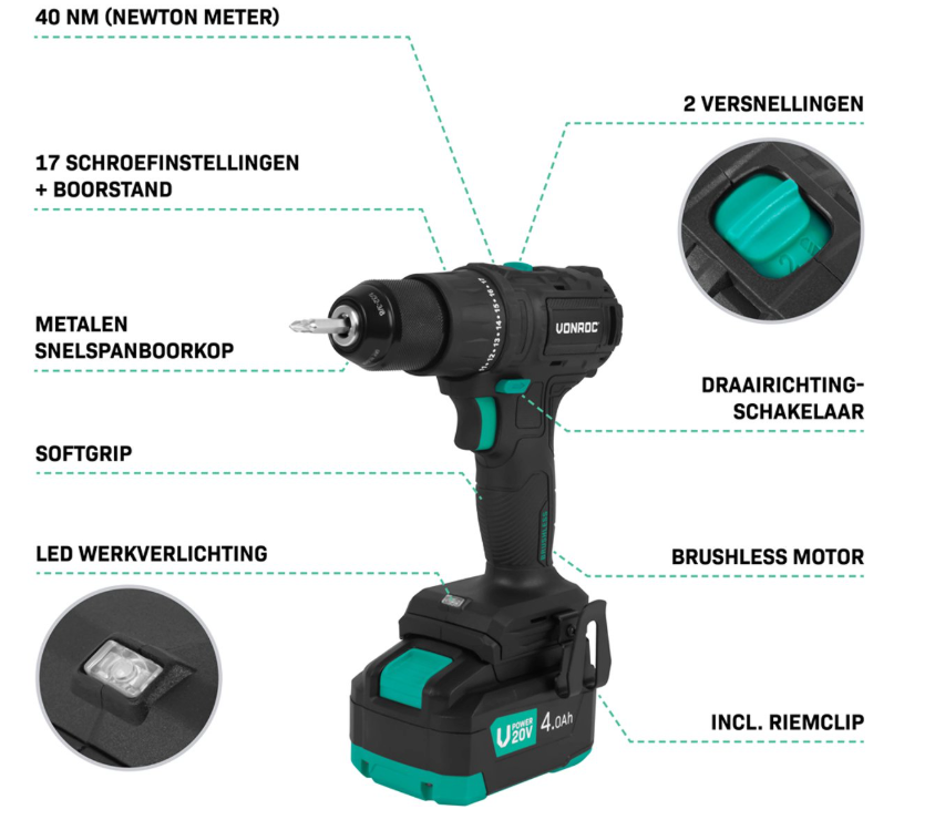 Vonroc Pro Cordless Drill 20v - 40nm - Inkl. 4.0ah Akku, Schnellladegerät und 46 Zubehörteile im Luxuskoffer