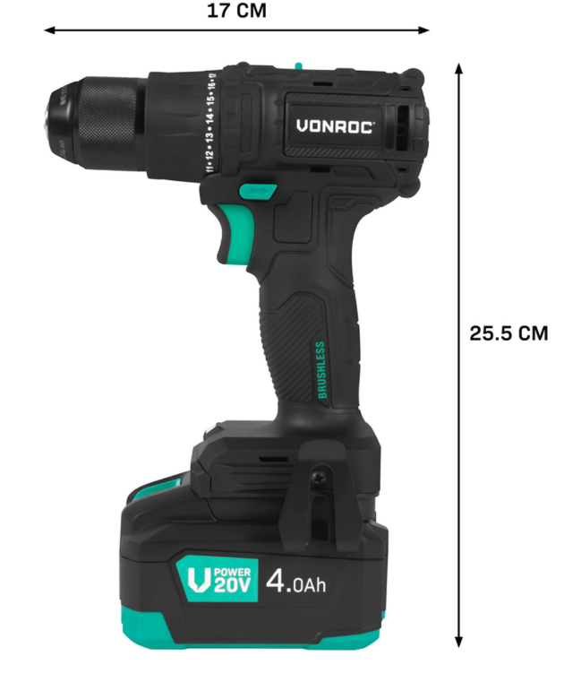 Vonroc Pro Cordless Drill 20v - 40nm - Inkl. 4.0ah Akku, Schnellladegerät und 46 Zubehörteile im Luxuskoffer