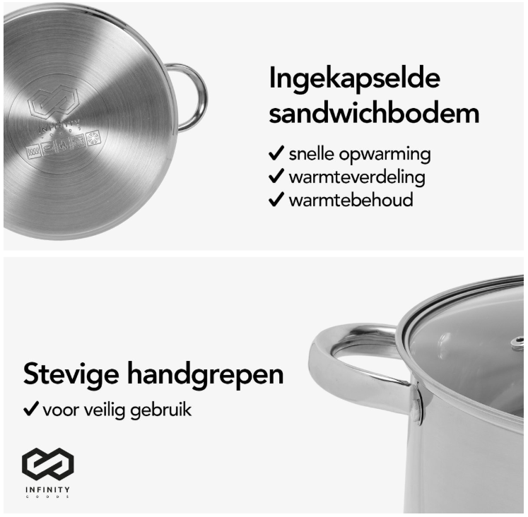 Infinity Goods Schmortopf - Glasdeckel - 16.5L - 30 CM - Induktion Gas Keramik - Spülmaschinenfest - Edelstahl
