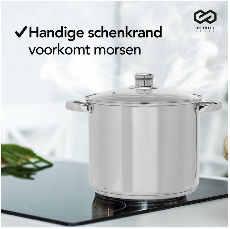 Infinity Goods Schmortopf - Glasdeckel - 16.5L - 30 CM - Induktion Gas Keramik - Spülmaschinenfest - Edelstahl