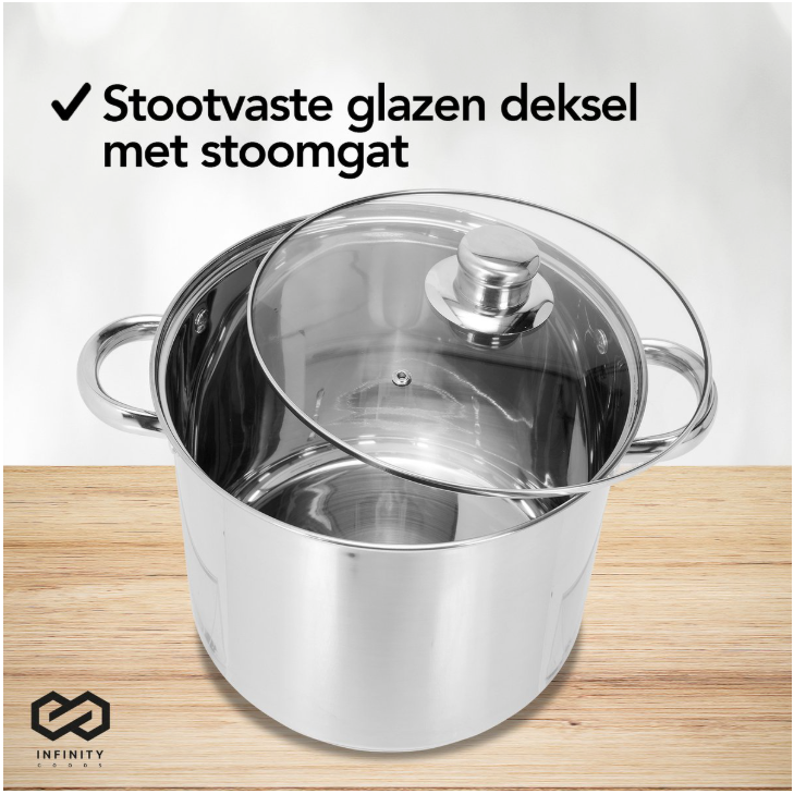Infinity Goods Schmortopf - Glasdeckel - 16.5L - 30 CM - Induktion Gas Keramik - Spülmaschinenfest - Edelstahl