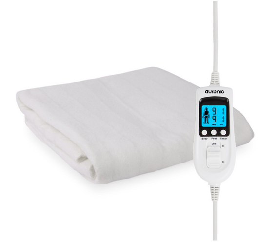 Auronic - Luxury Electric Blanket - 150x80 cm - Weißes Polyester - 9 Heizstufen & separat einstellbare Fußzone - Timer & Überhitzungsschutz - Waschbar