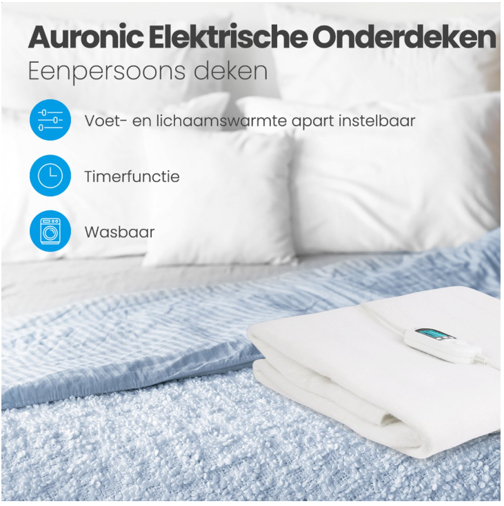 Auronic - Luxury Electric Blanket - 150x80 cm - Weißes Polyester - 9 Heizstufen & separat einstellbare Fußzone - Timer & Überhitzungsschutz - Waschbar