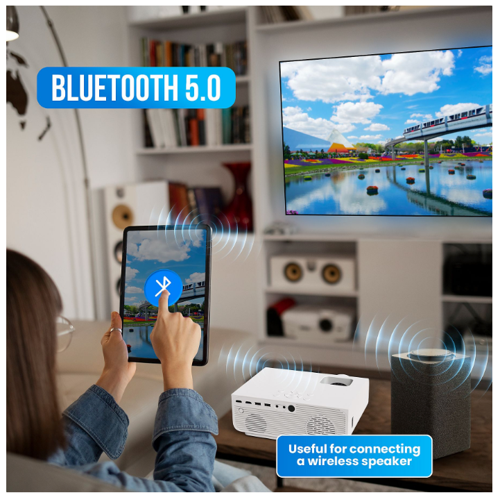 Strex - Mini-Beamer/Projektor - 1080P Full HD - 15000 Lumen - Drahtloses Streaming - WiFi - Bluetooth - Weiß