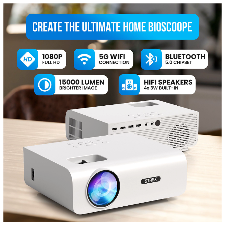 Strex - Mini-Beamer/Projektor - 1080P Full HD - 15000 Lumen - Drahtloses Streaming - WiFi - Bluetooth - Weiß
