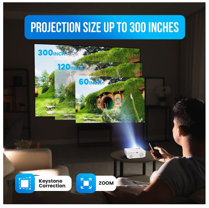 Strex - Mini-Beamer/Projektor - 1080P Full HD - 15000 Lumen - Drahtloses Streaming - WiFi - Bluetooth - Weiß