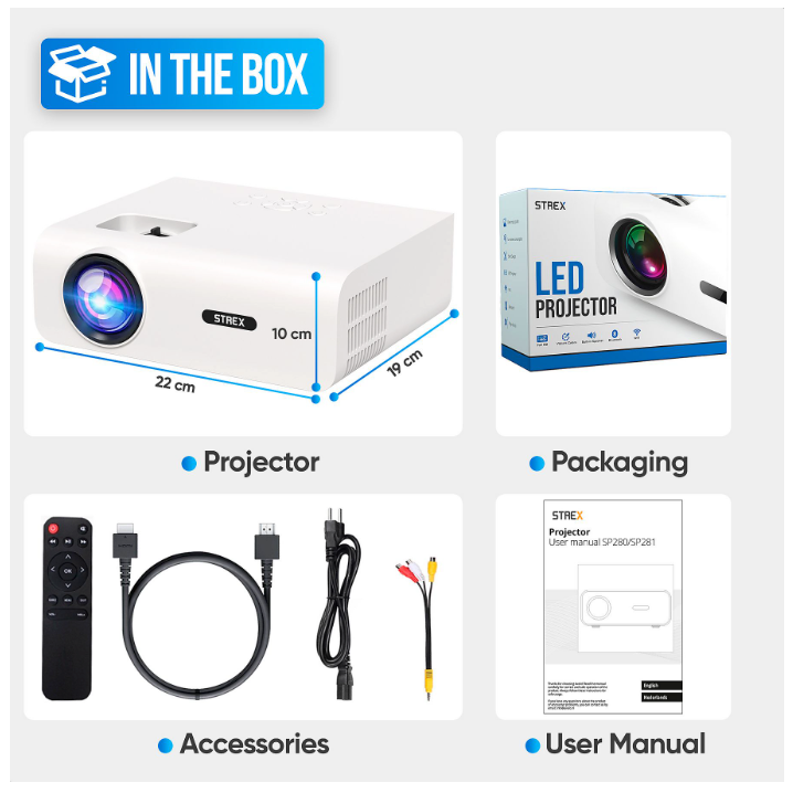 Strex - Mini-Beamer/Projektor - 1080P Full HD - 15000 Lumen - Drahtloses Streaming - WiFi - Bluetooth - Weiß