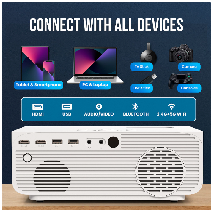 Strex - Mini-Beamer/Projektor - 1080P Full HD - 15000 Lumen - Drahtloses Streaming - WiFi - Bluetooth - Weiß