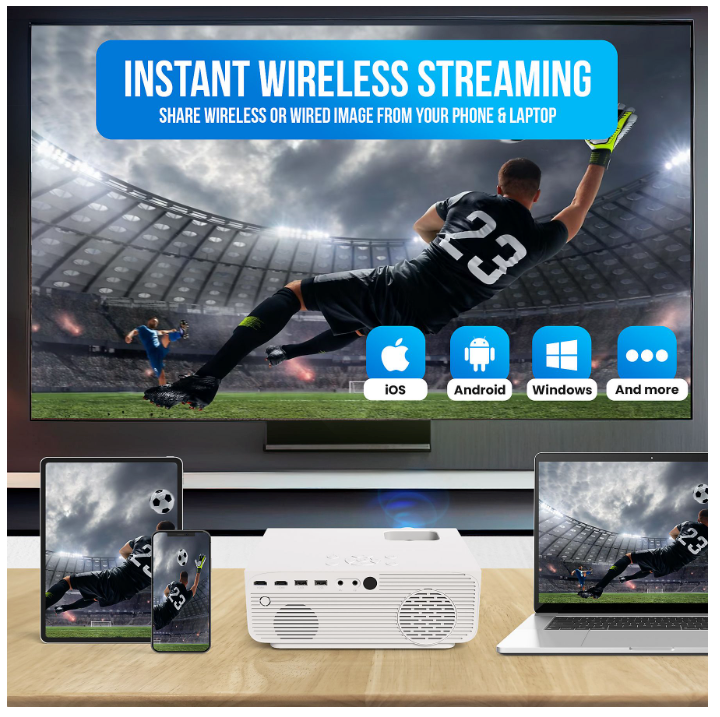 Strex - Mini-Beamer/Projektor - 1080P Full HD - 15000 Lumen - Drahtloses Streaming - WiFi - Bluetooth - Weiß