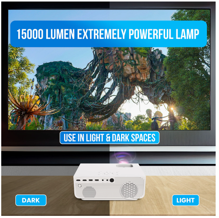 Strex - Mini-Beamer/Projektor - 1080P Full HD - 15000 Lumen - Drahtloses Streaming - WiFi - Bluetooth - Weiß