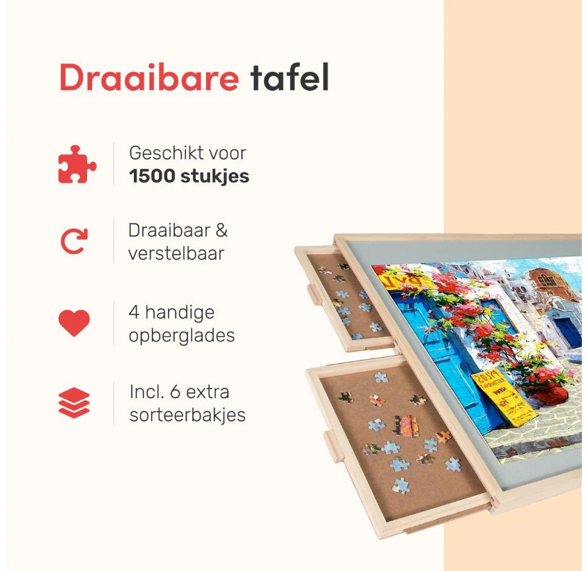 DIYDash Drehbarer Puzzletisch mit Aufbewahrungssystem - 1500 Teile - 4 Schubladen - Kiefernholz
