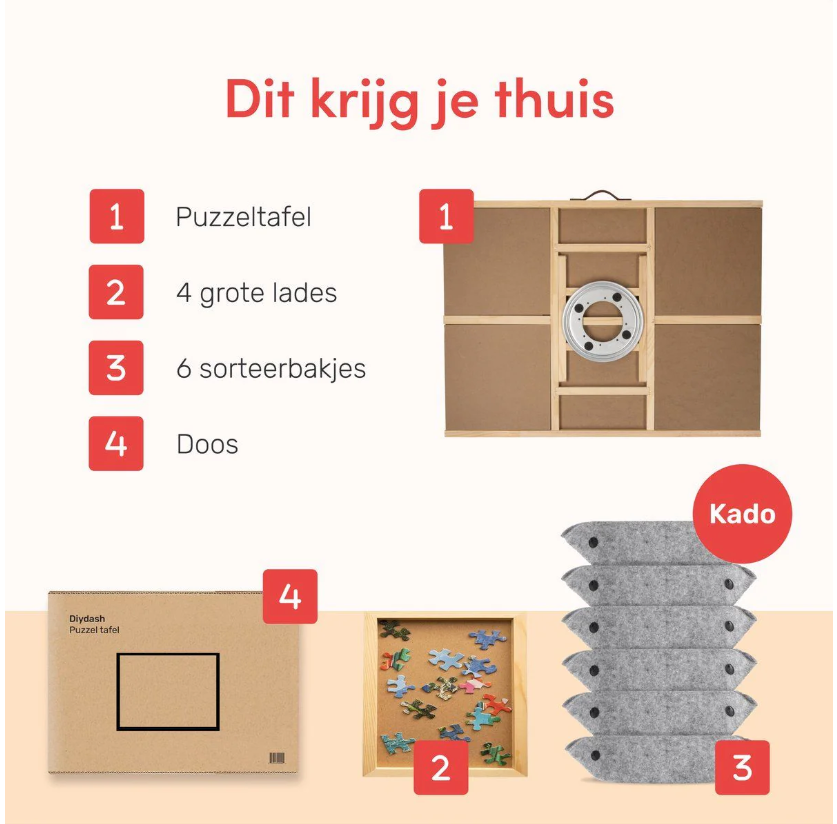 DIYDash Drehbarer Puzzletisch mit Aufbewahrungssystem - 1500 Teile - 4 Schubladen - Kiefernholz