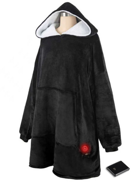 SAAF Heizbare Kapuzendecke & Snuggle Hoodie - Einheitsgröße - 3 Stufen mit 10.000 mAh Batterier - Ultraweich & USB-beheizt - Schwarzes Polyester