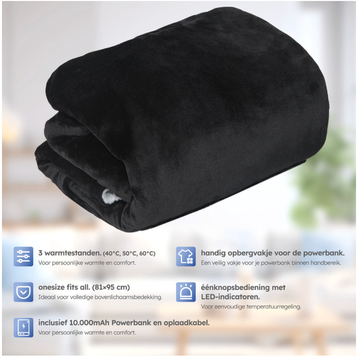 SAAF Heizbare Kapuzendecke & Snuggle Hoodie - Einheitsgröße - 3 Stufen mit 10.000 mAh Batterier - Ultraweich & USB-beheizt - Schwarzes Polyester