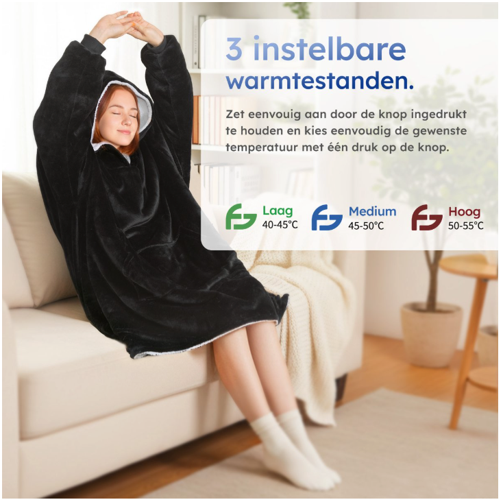 SAAF Heizbare Kapuzendecke & Snuggle Hoodie - Einheitsgröße - 3 Stufen mit 10.000 mAh Batterier - Ultraweich & USB-beheizt - Schwarzes Polyester