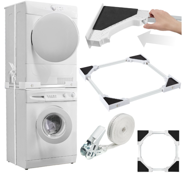 Tectake - Abstandshalter für Waschmaschine und Trockner - Universal-Stapelkit - Weißer Stahl - Mit Schaumstoffkissen und Gurt - Platzsparend und stabil - Sicheres Stapeln