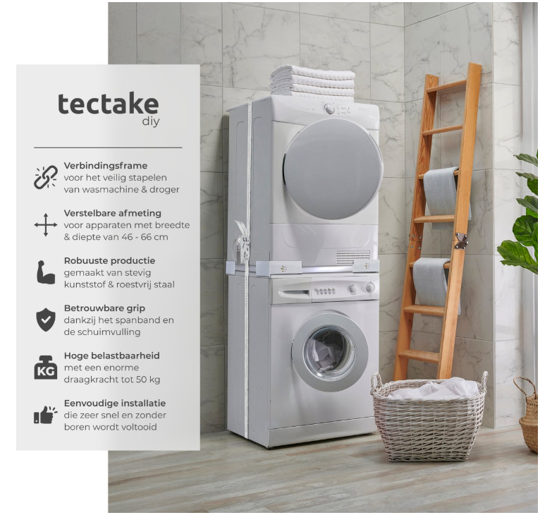 Tectake - Abstandshalter für Waschmaschine und Trockner - Universal-Stapelkit - Weißer Stahl - Mit Schaumstoffkissen und Gurt - Platzsparend und stabil - Sicheres Stapeln