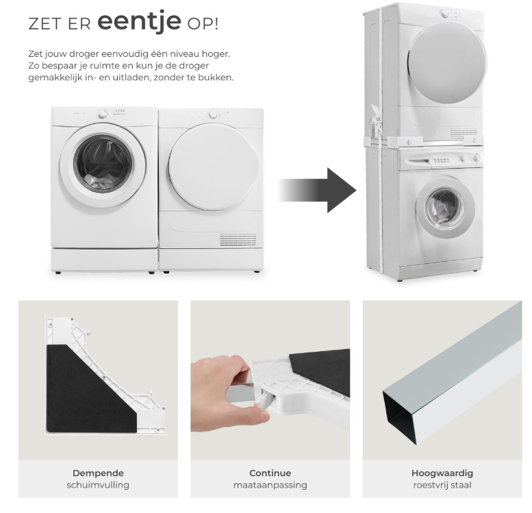 Tectake - Abstandshalter für Waschmaschine und Trockner - Universal-Stapelkit - Weißer Stahl - Mit Schaumstoffkissen und Gurt - Platzsparend und stabil - Sicheres Stapeln
