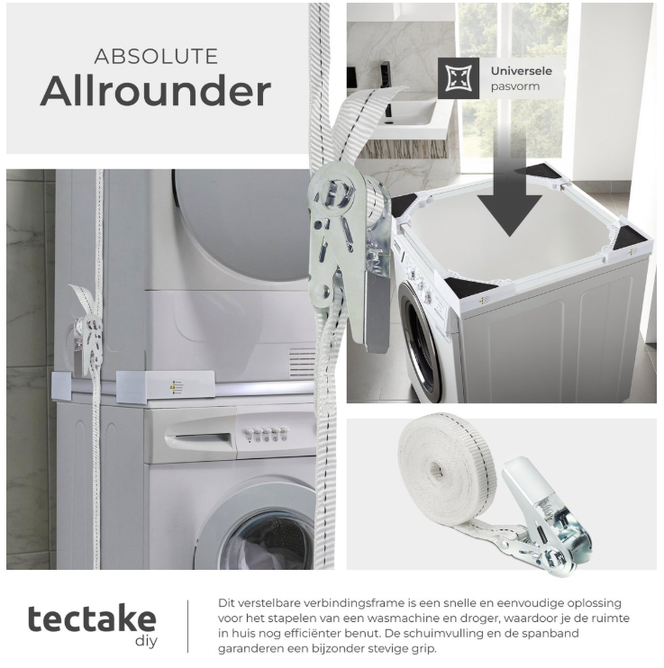 Tectake - Abstandshalter für Waschmaschine und Trockner - Universal-Stapelkit - Weißer Stahl - Mit Schaumstoffkissen und Gurt - Platzsparend und stabil - Sicheres Stapeln