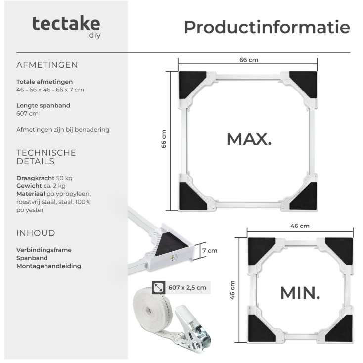 Tectake - Abstandshalter für Waschmaschine und Trockner - Universal-Stapelkit - Weißer Stahl - Mit Schaumstoffkissen und Gurt - Platzsparend und stabil - Sicheres Stapeln