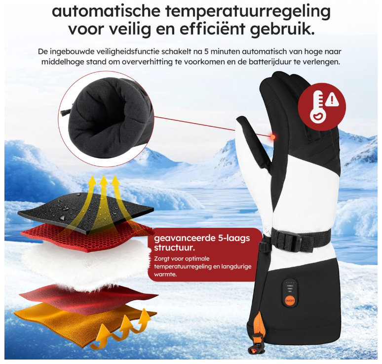 Saaf - Beheizte Handschuhe Premium - Größe L - Weißes & schwarzes Polyester - 3 Wärmestufen & wiederaufladbar - Wasser- & Windabweisend - Optimaler Komfort